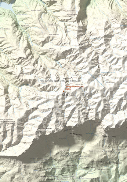Mapa de relieve de La Cogulla (Montsant), 1062 m, Priorat, lámina 100 Cims de Trobart. Detalle de la zona central. 70 × 100 cm.
