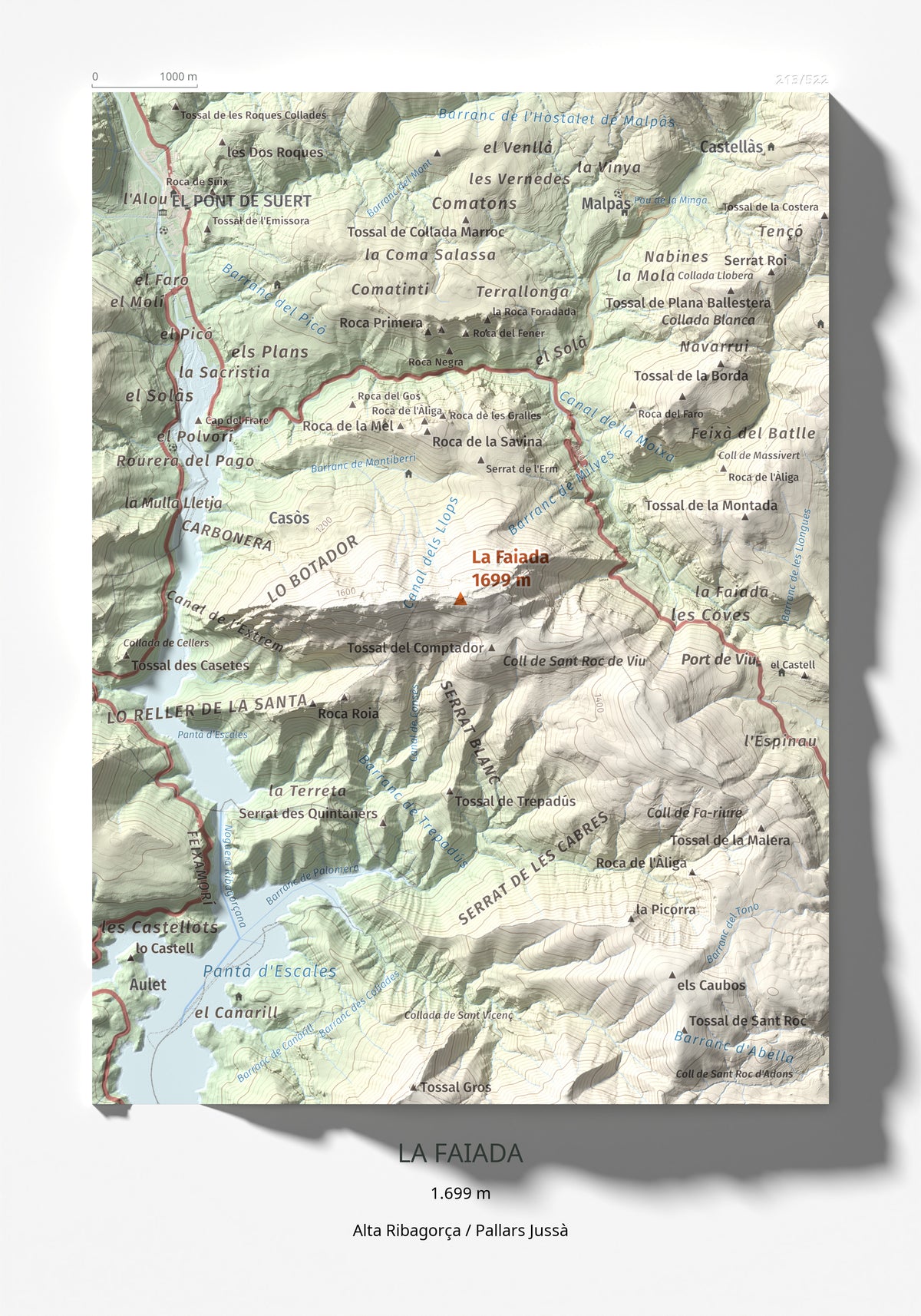 Mapa de relieve de La Faiada, 1699 m, Alta Ribagorça · Pallars Jussà, lámina 100 Cims de Trobart 21 × 30 cm.