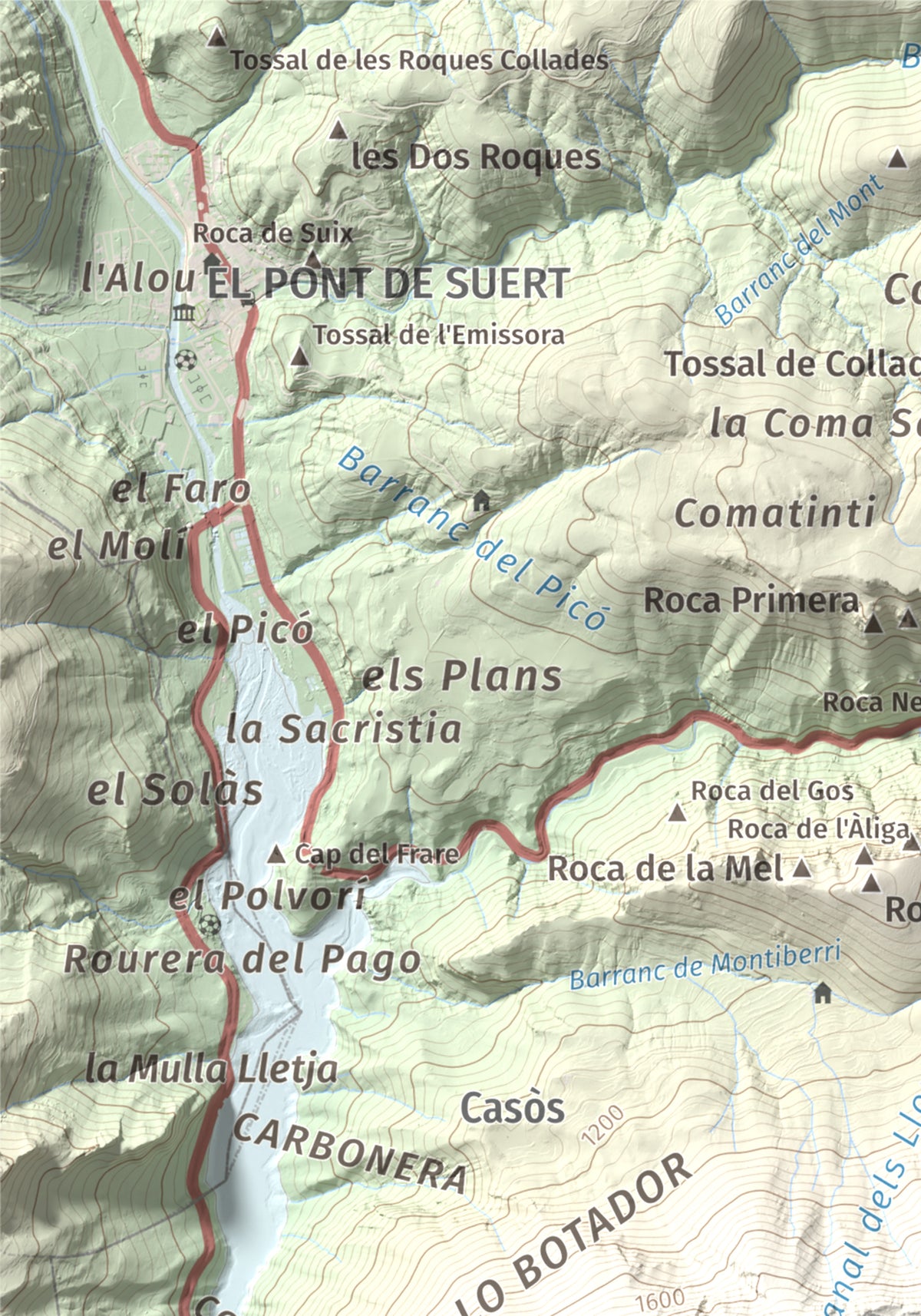 Mapa de relieve de La Faiada, 1699 m, Alta Ribagorça · Pallars Jussà, lámina 100 Cims de Trobart. Detalle de la zona superior izquierda. 21 × 30 cm.