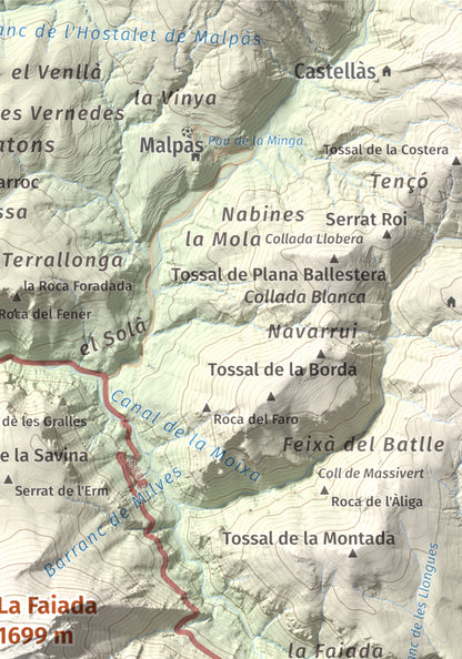 Mapa de relieve de La Faiada, 1699 m, Alta Ribagorça · Pallars Jussà, lámina 100 Cims de Trobart. Detalle de la zona superior derecha. 21 × 30 cm.
