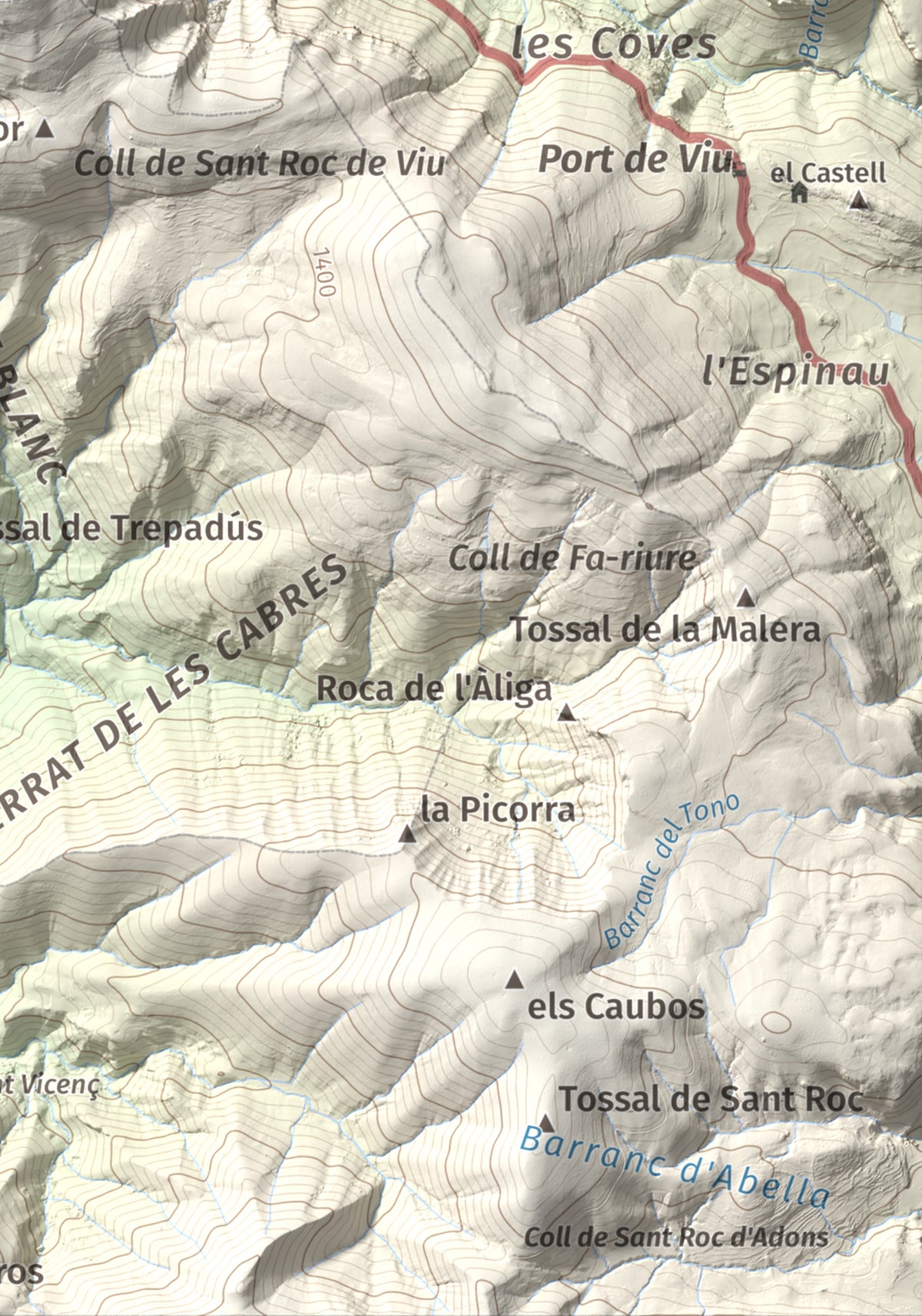 Mapa de relieve de La Faiada, 1699 m, Alta Ribagorça · Pallars Jussà, lámina 100 Cims de Trobart. Detalle de la zona inferior derecha. 21 × 30 cm.