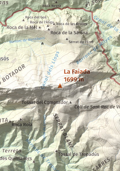 Mapa de relieve de La Faiada, 1699 m, Alta Ribagorça · Pallars Jussà, lámina 100 Cims de Trobart. Detalle de la zona central. 21 × 30 cm.