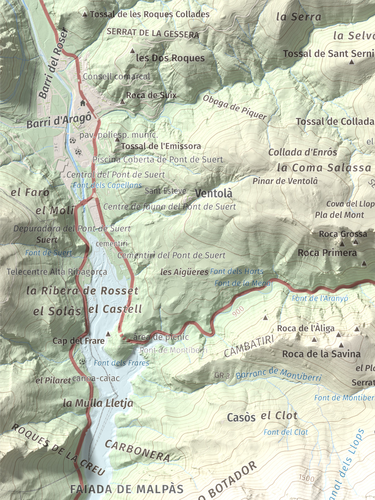 Mapa de relieve de La Faiada, 1699 m, Alta Ribagorça · Pallars Jussà, lámina 100 Cims de Trobart. Detalle de la zona superior izquierda. 30 × 40 cm.