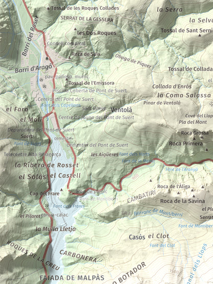Mapa de relieve de La Faiada, 1699 m, Alta Ribagorça · Pallars Jussà, lámina 100 Cims de Trobart. Detalle de la zona superior izquierda. 30 × 40 cm.
