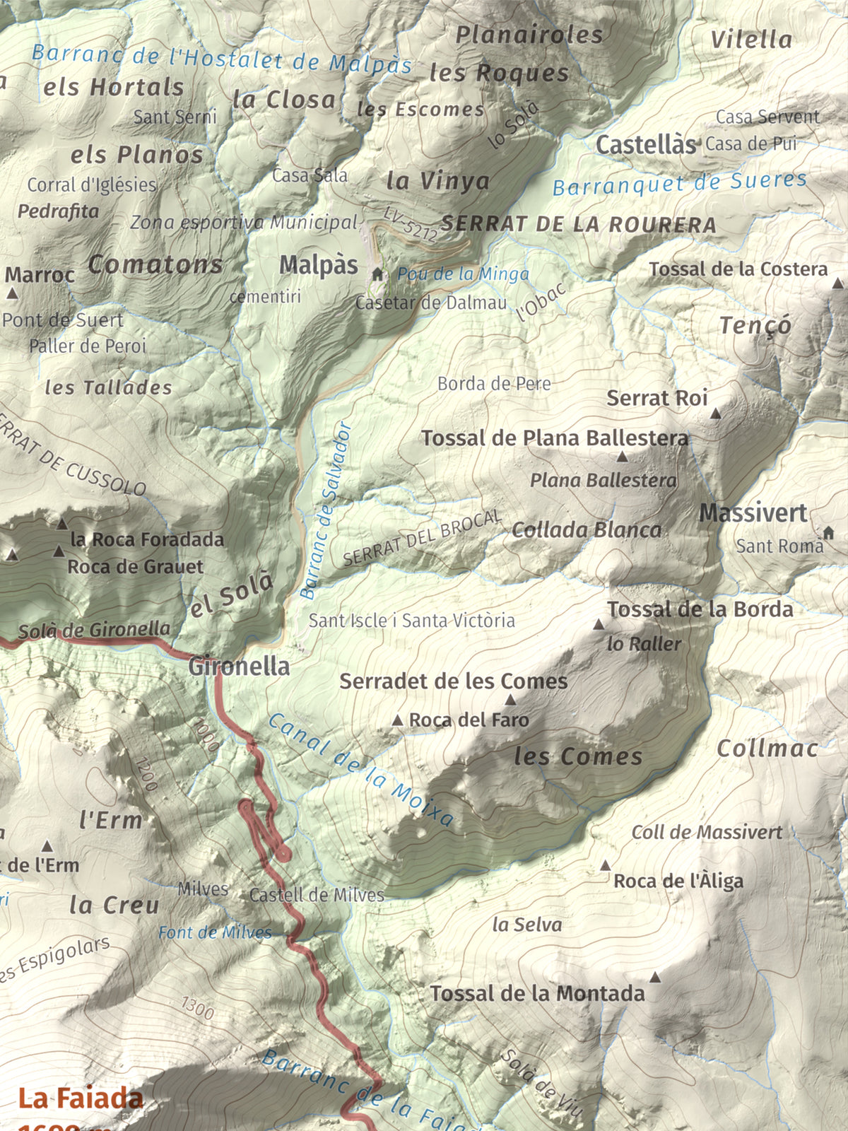 Mapa de relieve de La Faiada, 1699 m, Alta Ribagorça · Pallars Jussà, lámina 100 Cims de Trobart. Detalle de la zona superior derecha. 30 × 40 cm.
