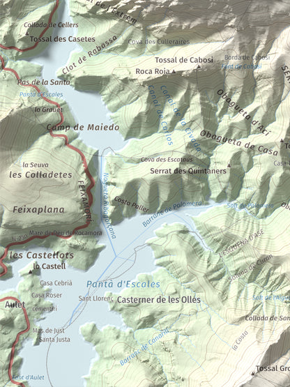 Mapa de relieve de La Faiada, 1699 m, Alta Ribagorça · Pallars Jussà, lámina 100 Cims de Trobart. Detalle de la zona inferior izquierda. 30 × 40 cm.