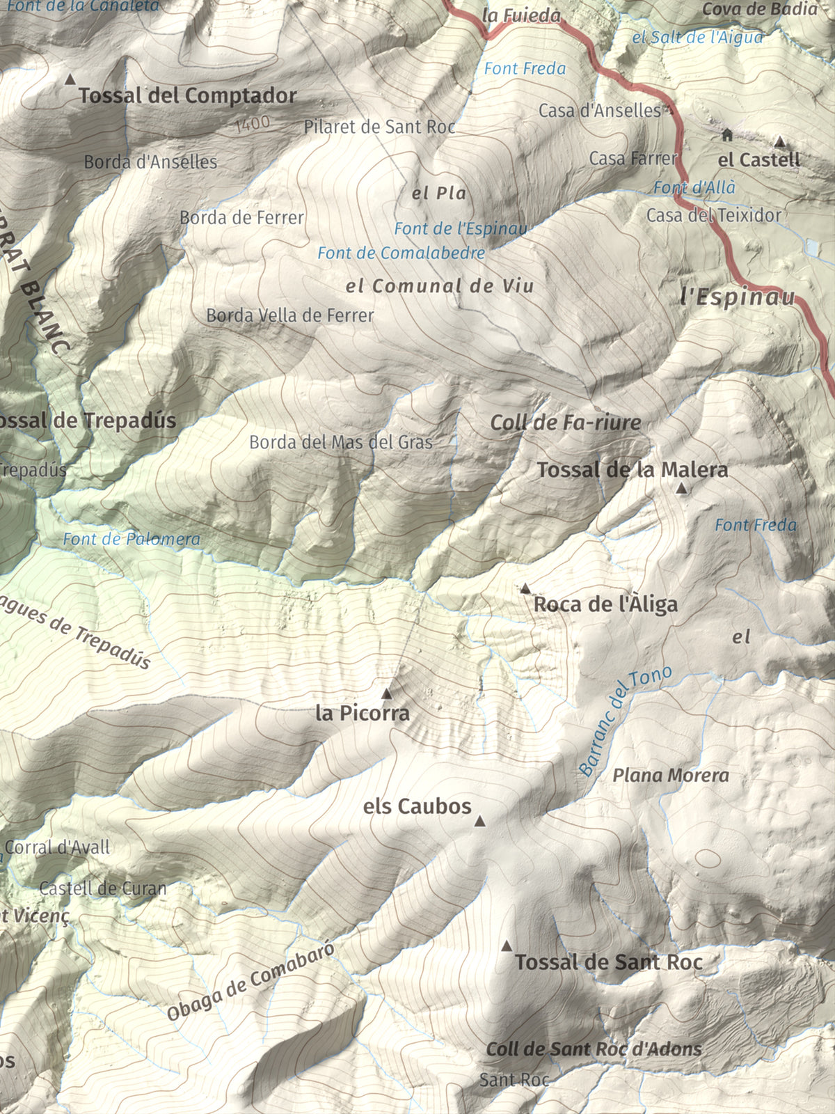 Mapa de relieve de La Faiada, 1699 m, Alta Ribagorça · Pallars Jussà, lámina 100 Cims de Trobart. Detalle de la zona inferior derecha. 30 × 40 cm.
