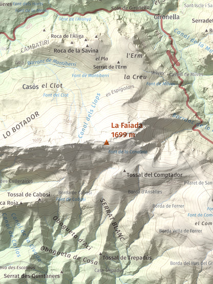 Mapa de relieve de La Faiada, 1699 m, Alta Ribagorça · Pallars Jussà, lámina 100 Cims de Trobart. Detalle de la zona central. 30 × 40 cm.