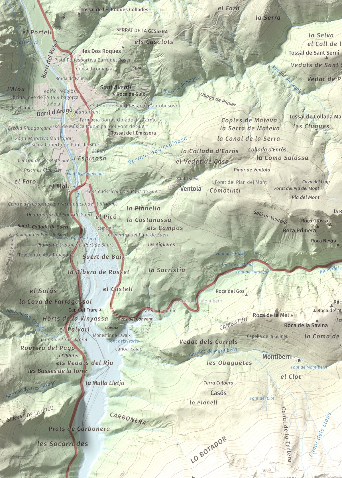 Mapa de relieve de La Faiada, 1699 m, Alta Ribagorça · Pallars Jussà, lámina 100 Cims de Trobart. Detalle de la zona superior izquierda. 50 × 70 cm.