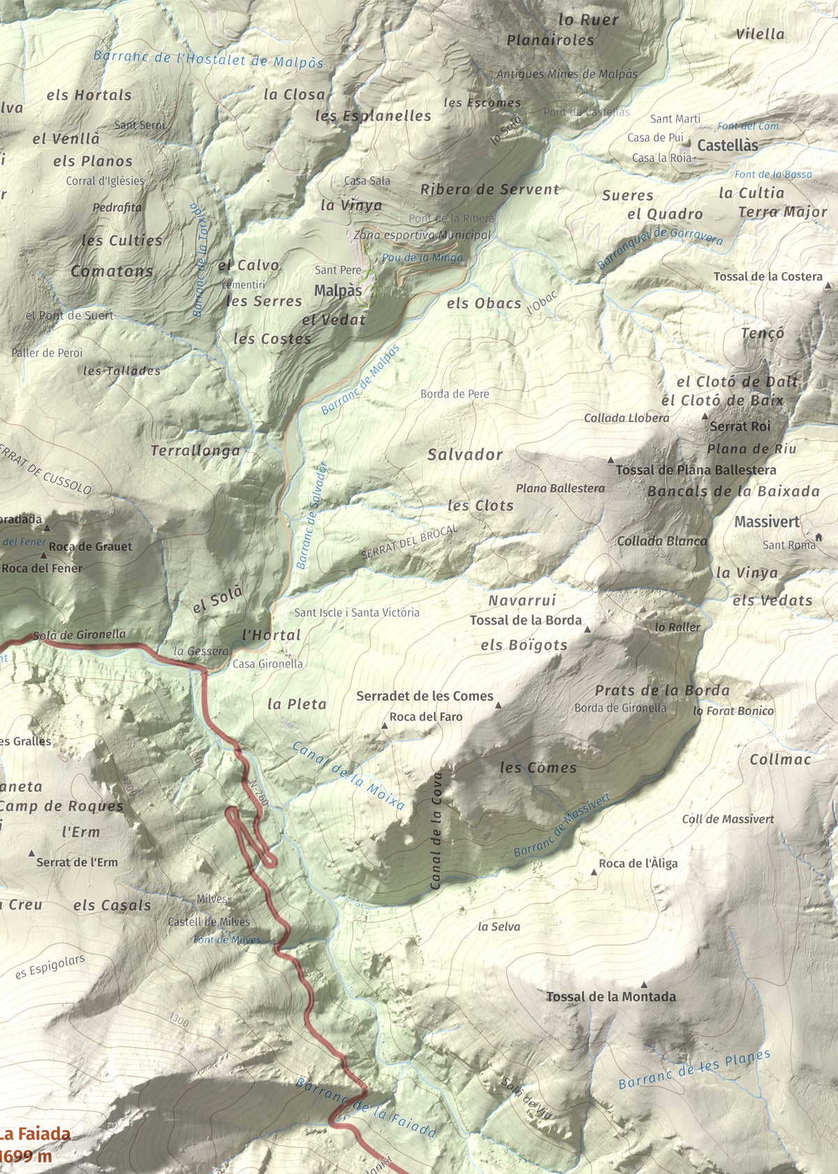 Mapa de relieve de La Faiada, 1699 m, Alta Ribagorça · Pallars Jussà, lámina 100 Cims de Trobart. Detalle de la zona superior derecha. 50 × 70 cm.