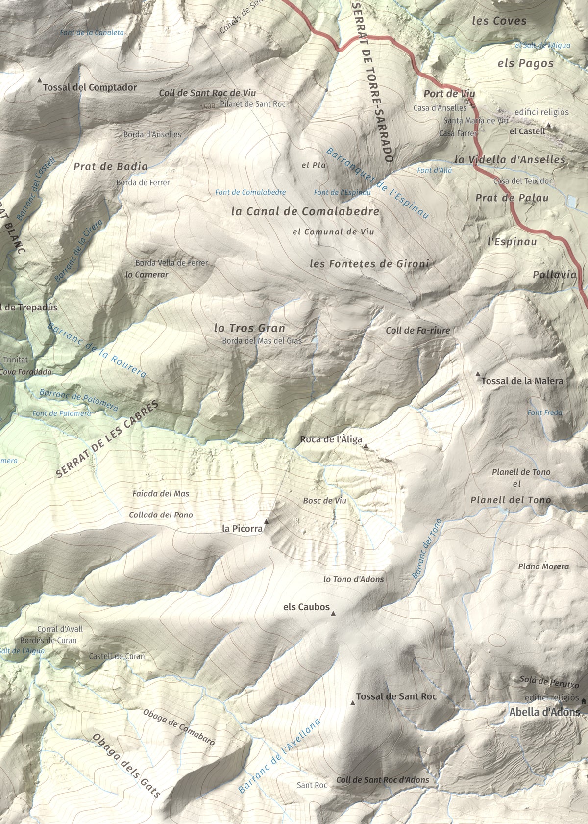 Mapa de relieve de La Faiada, 1699 m, Alta Ribagorça · Pallars Jussà, lámina 100 Cims de Trobart. Detalle de la zona inferior derecha. 50 × 70 cm.