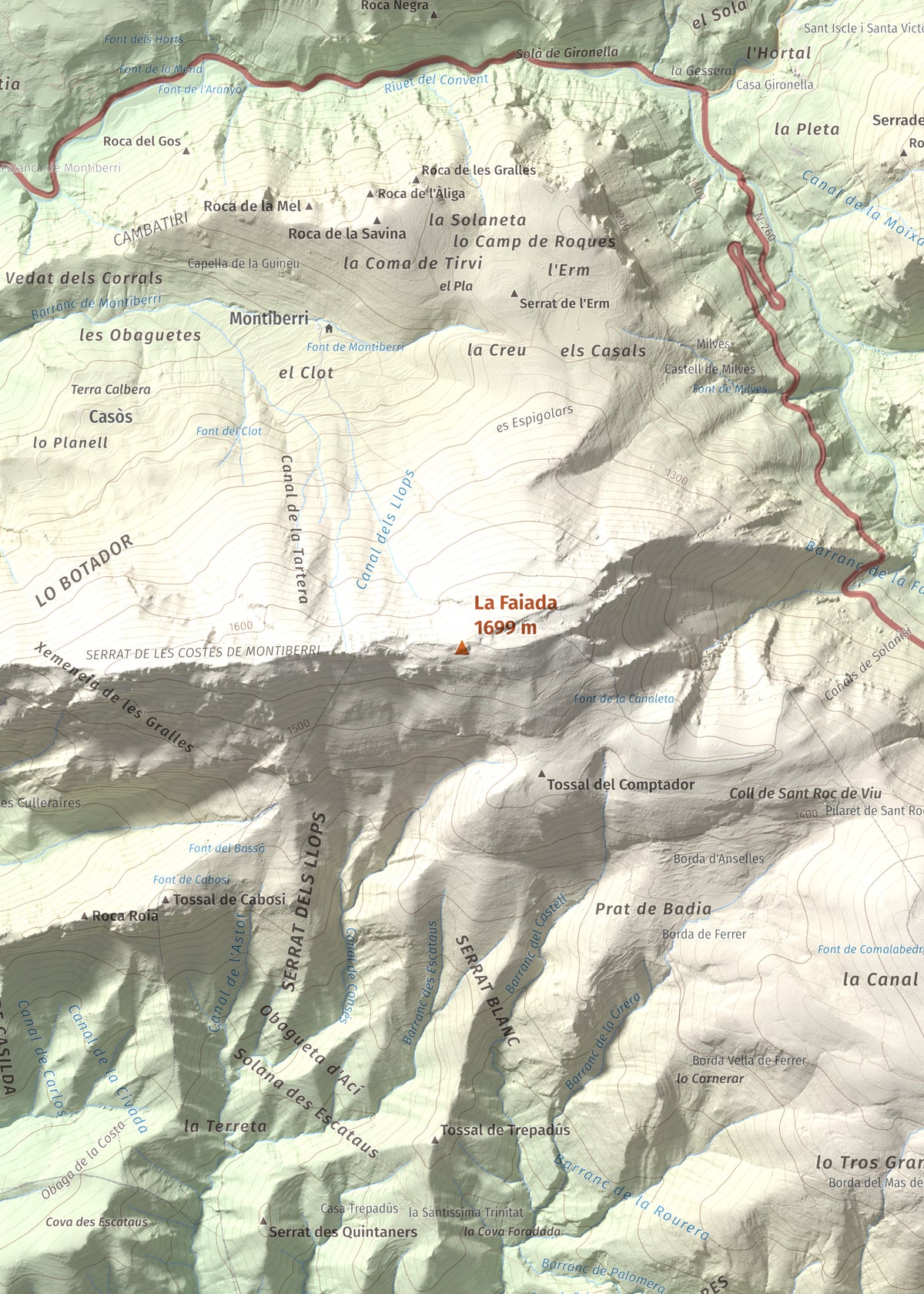 Mapa de relieve de La Faiada, 1699 m, Alta Ribagorça · Pallars Jussà, lámina 100 Cims de Trobart. Detalle de la zona central. 50 × 70 cm.
