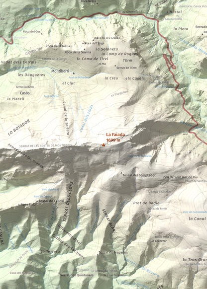 Mapa de relieve de La Faiada, 1699 m, Alta Ribagorça · Pallars Jussà, lámina 100 Cims de Trobart. Detalle de la zona central. 50 × 70 cm.