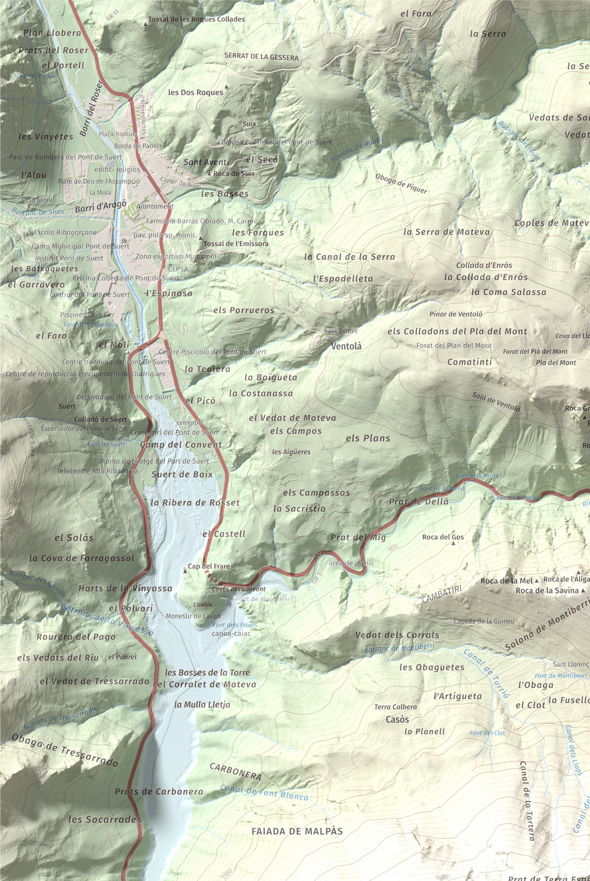 Mapa de relieve de La Faiada, 1699 m, Alta Ribagorça · Pallars Jussà, lámina 100 Cims de Trobart. Detalle de la zona superior izquierda. 61 × 91 cm.