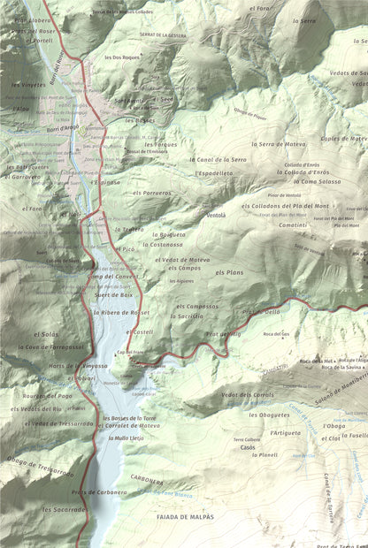 Mapa de relieve de La Faiada, 1699 m, Alta Ribagorça · Pallars Jussà, lámina 100 Cims de Trobart. Detalle de la zona superior izquierda. 61 × 91 cm.
