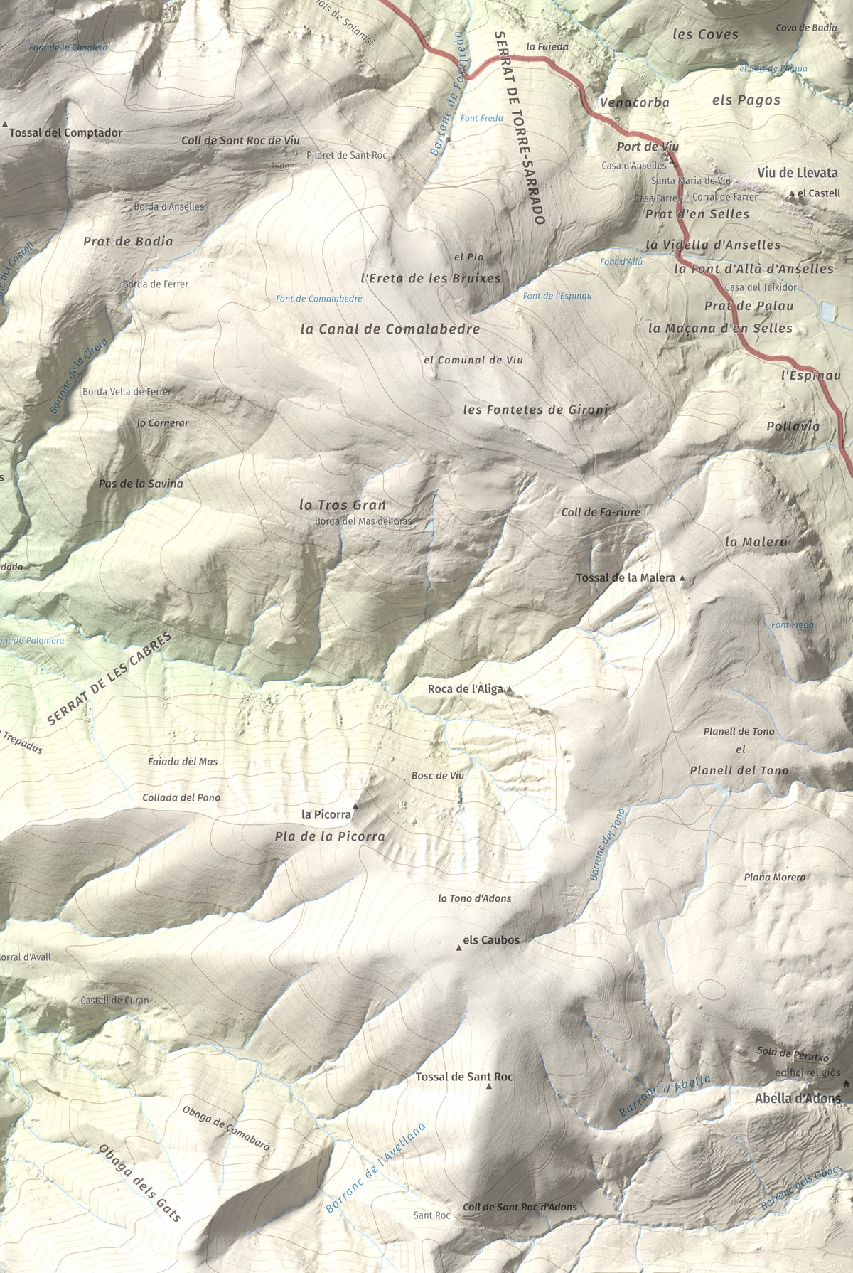 Mapa de relieve de La Faiada, 1699 m, Alta Ribagorça · Pallars Jussà, lámina 100 Cims de Trobart. Detalle de la zona inferior derecha. 61 × 91 cm.