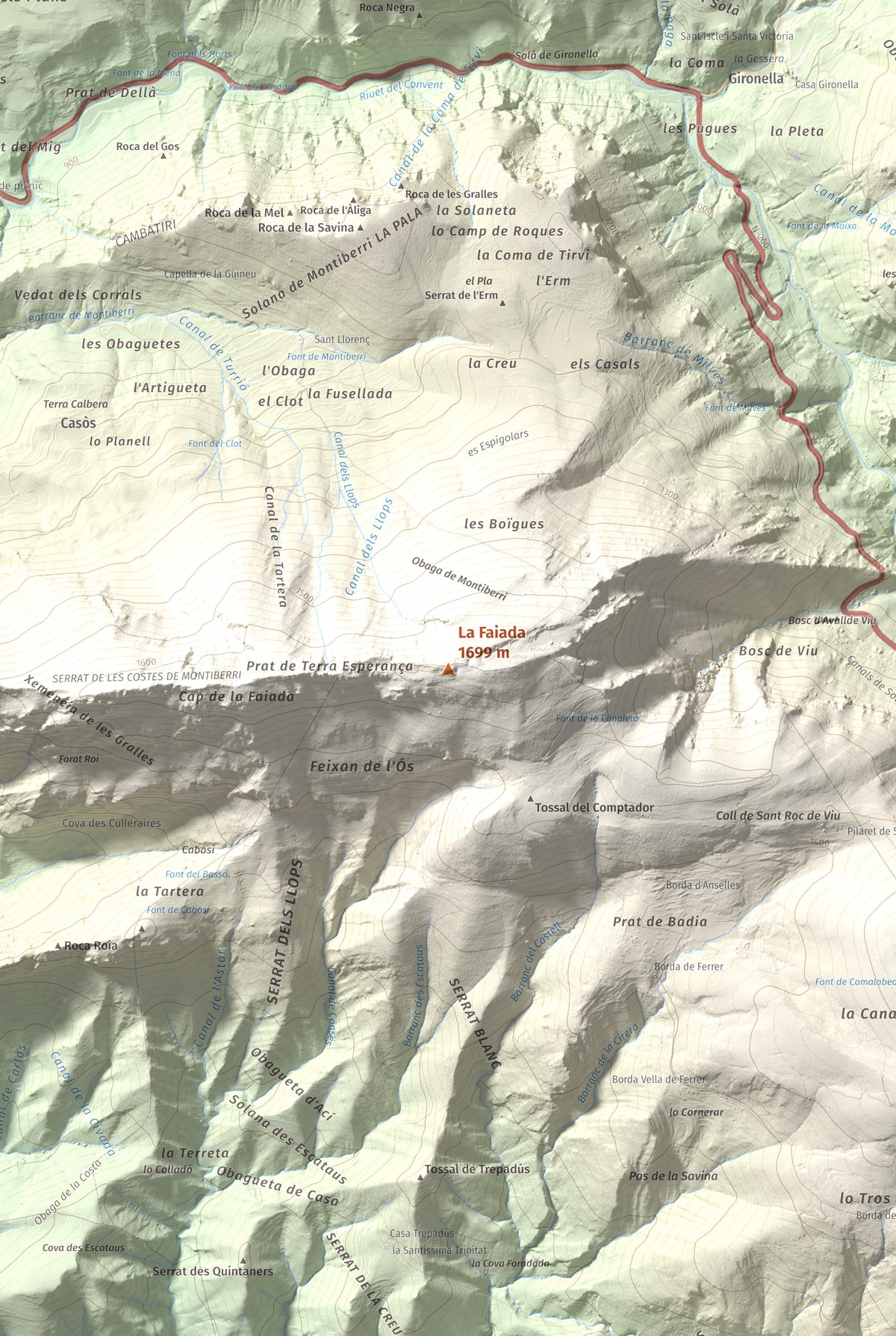 Mapa de relieve de La Faiada, 1699 m, Alta Ribagorça · Pallars Jussà, lámina 100 Cims de Trobart. Detalle de la zona central. 61 × 91 cm.