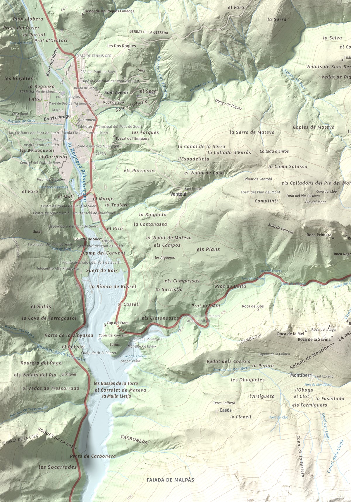 Mapa de relieve de La Faiada, 1699 m, Alta Ribagorça · Pallars Jussà, lámina 100 Cims de Trobart. Detalle de la zona superior izquierda. 70 × 100 cm.