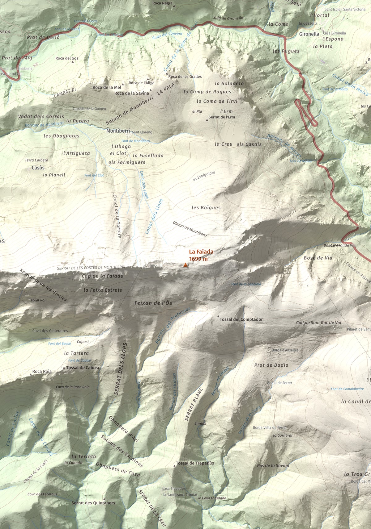 Mapa de relieve de La Faiada, 1699 m, Alta Ribagorça · Pallars Jussà, lámina 100 Cims de Trobart. Detalle de la zona central. 70 × 100 cm.