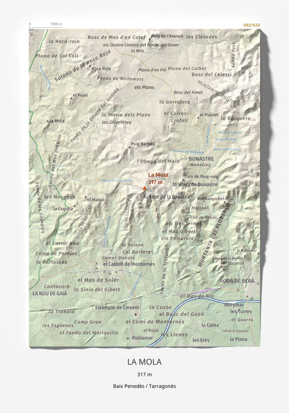 Mapa de relieve de La Mola, 317 m, Baix Penedès · Tarragonès, lámina 100 Cims de Trobart 21 × 30 cm.