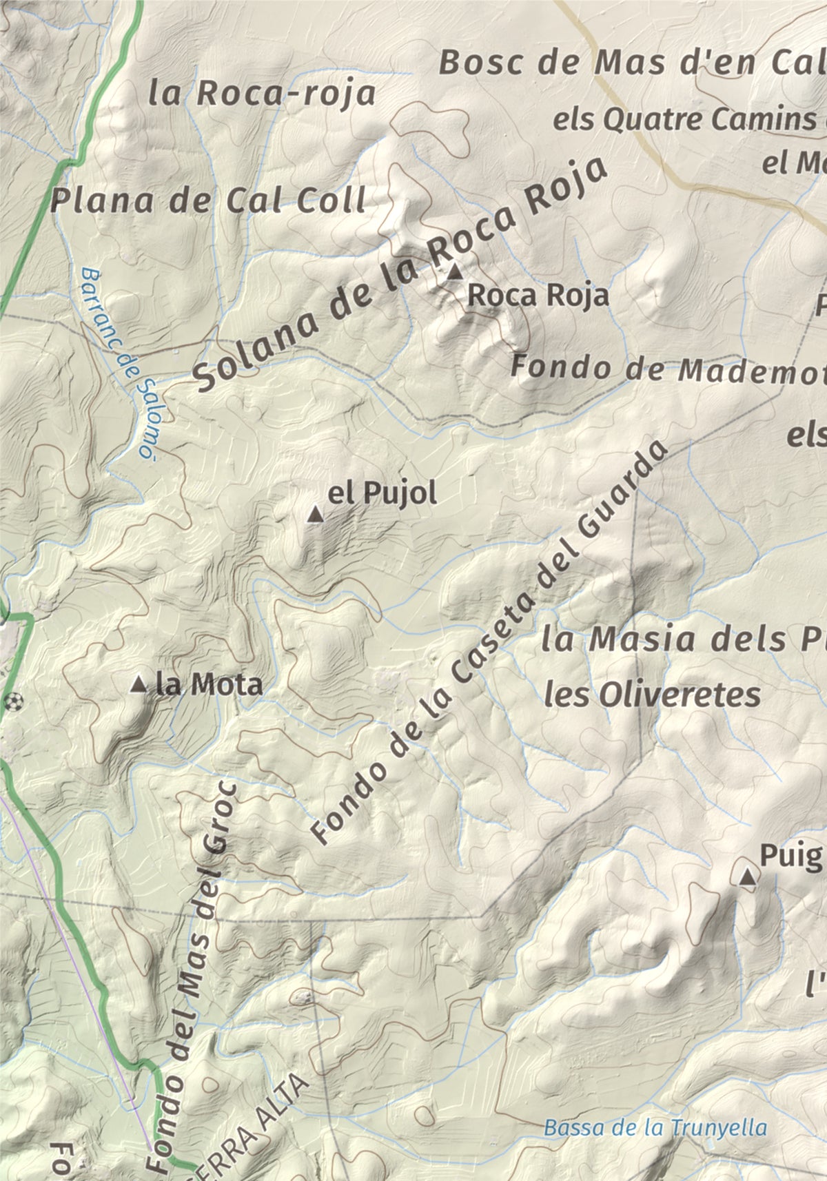 Mapa de relieve de La Mola, 317 m, Baix Penedès · Tarragonès, lámina 100 Cims de Trobart. Detalle de la zona superior izquierda. 21 × 30 cm.
