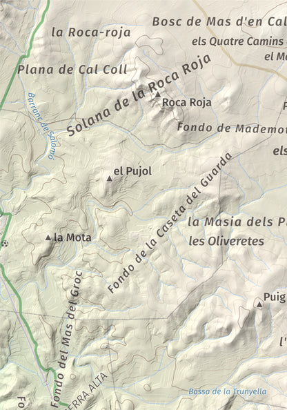 Mapa de relieve de La Mola, 317 m, Baix Penedès · Tarragonès, lámina 100 Cims de Trobart. Detalle de la zona superior izquierda. 21 × 30 cm.