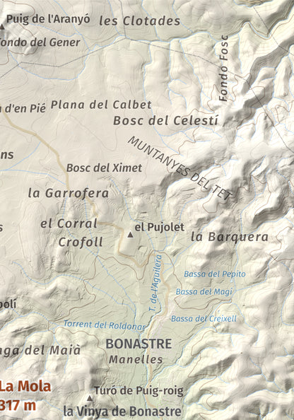 Mapa de relieve de La Mola, 317 m, Baix Penedès · Tarragonès, lámina 100 Cims de Trobart. Detalle de la zona superior derecha. 21 × 30 cm.