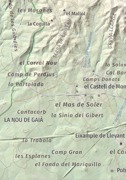 Mapa de relieve de La Mola, 317 m, Baix Penedès · Tarragonès, lámina 100 Cims de Trobart. Detalle de la zona inferior izquierda. 21 × 30 cm.