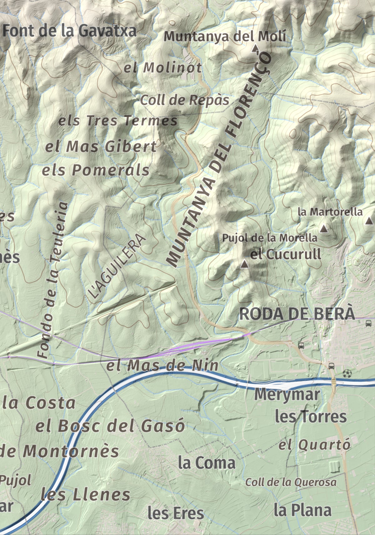 Mapa de relieve de La Mola, 317 m, Baix Penedès · Tarragonès, lámina 100 Cims de Trobart. Detalle de la zona inferior derecha. 21 × 30 cm.