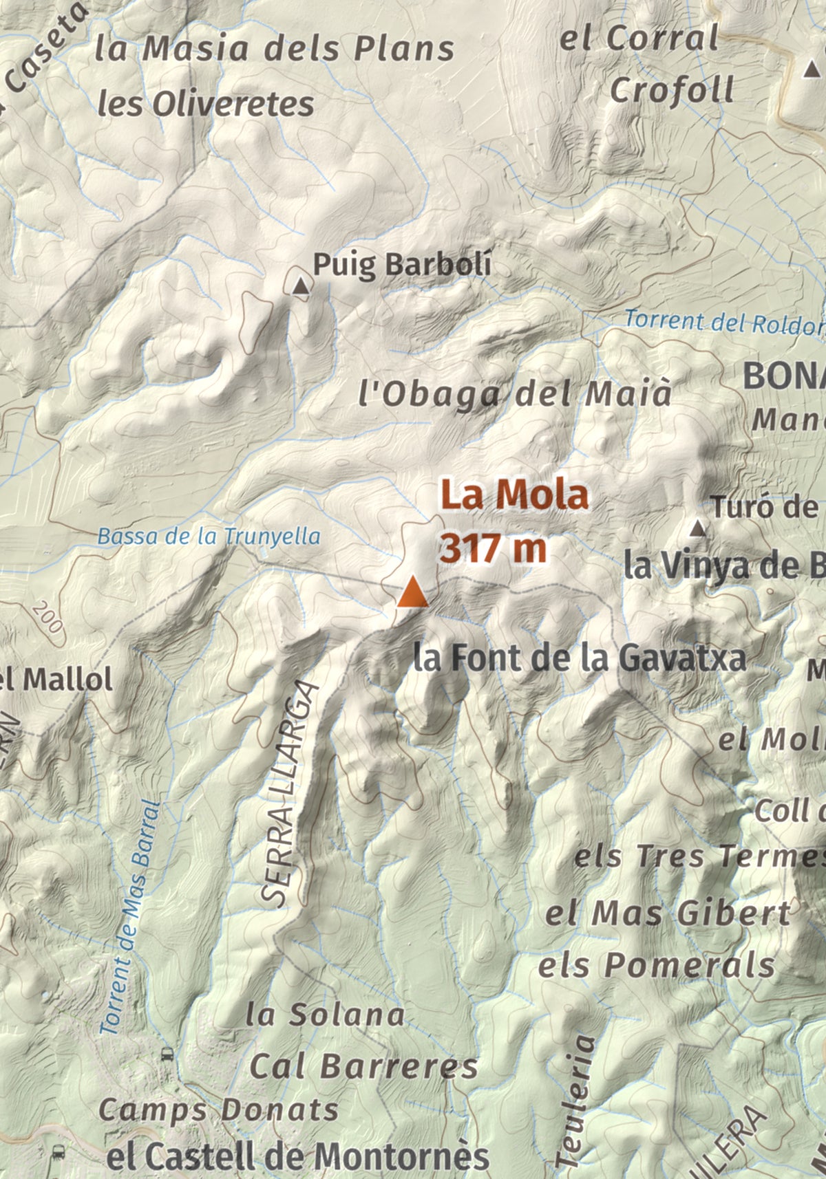 Mapa de relieve de La Mola, 317 m, Baix Penedès · Tarragonès, lámina 100 Cims de Trobart. Detalle de la zona central. 21 × 30 cm.