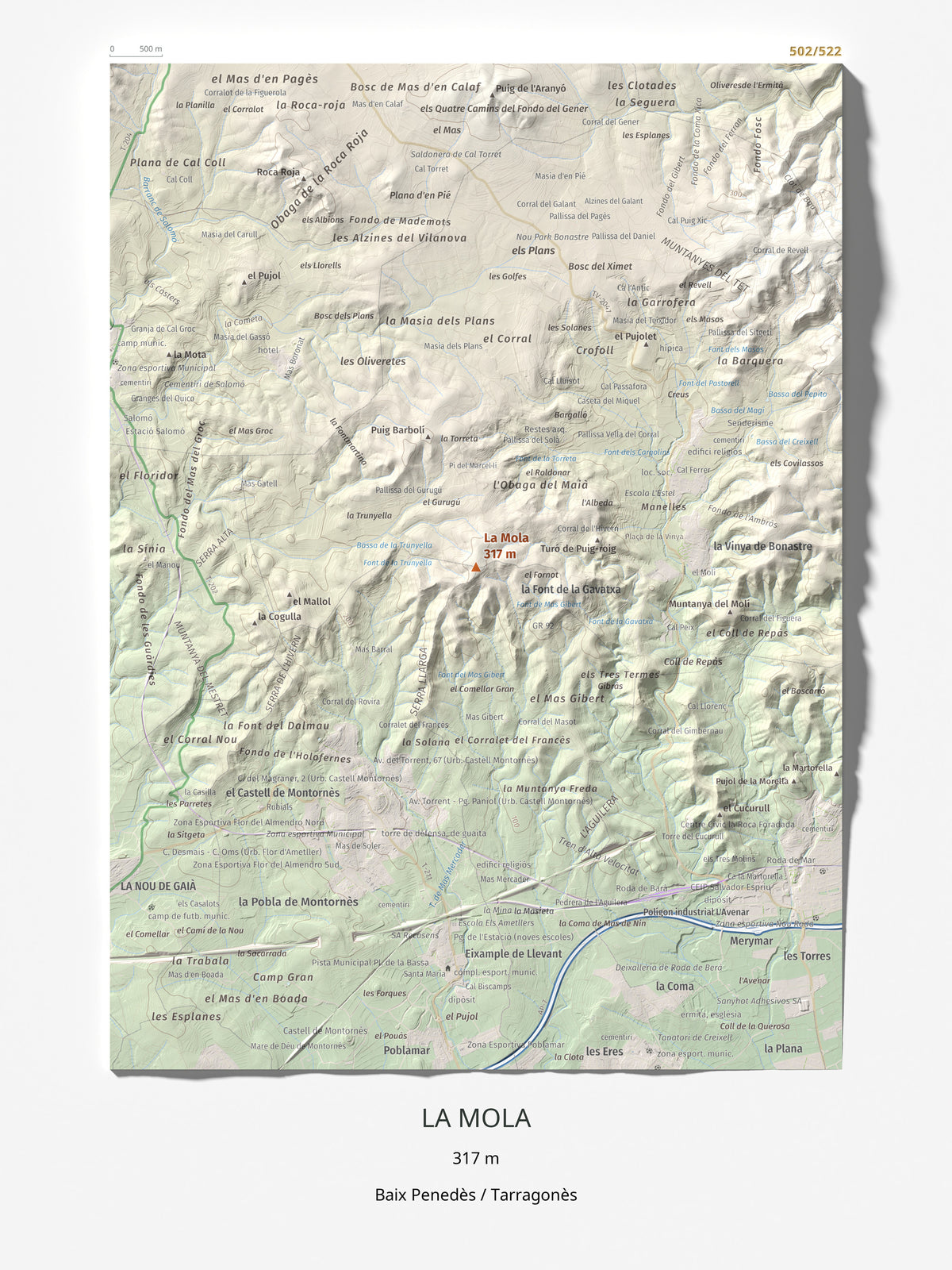Mapa de relieve de La Mola, 317 m, Baix Penedès · Tarragonès, lámina 100 Cims de Trobart 30 × 40 cm.