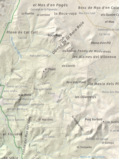 Mapa de relieve de La Mola, 317 m, Baix Penedès · Tarragonès, lámina 100 Cims de Trobart. Detalle de la zona superior izquierda. 30 × 40 cm.