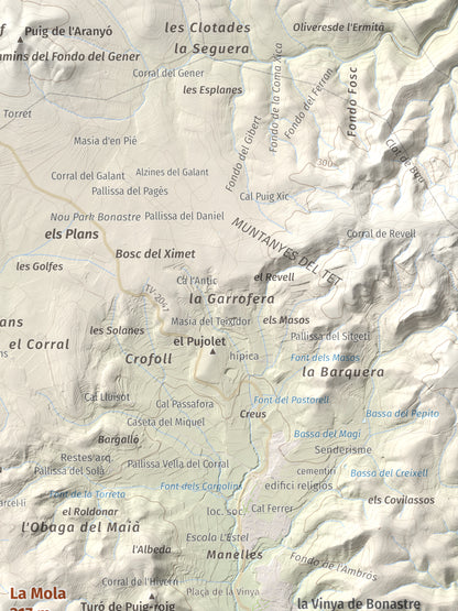 Mapa de relieve de La Mola, 317 m, Baix Penedès · Tarragonès, lámina 100 Cims de Trobart. Detalle de la zona superior derecha. 30 × 40 cm.