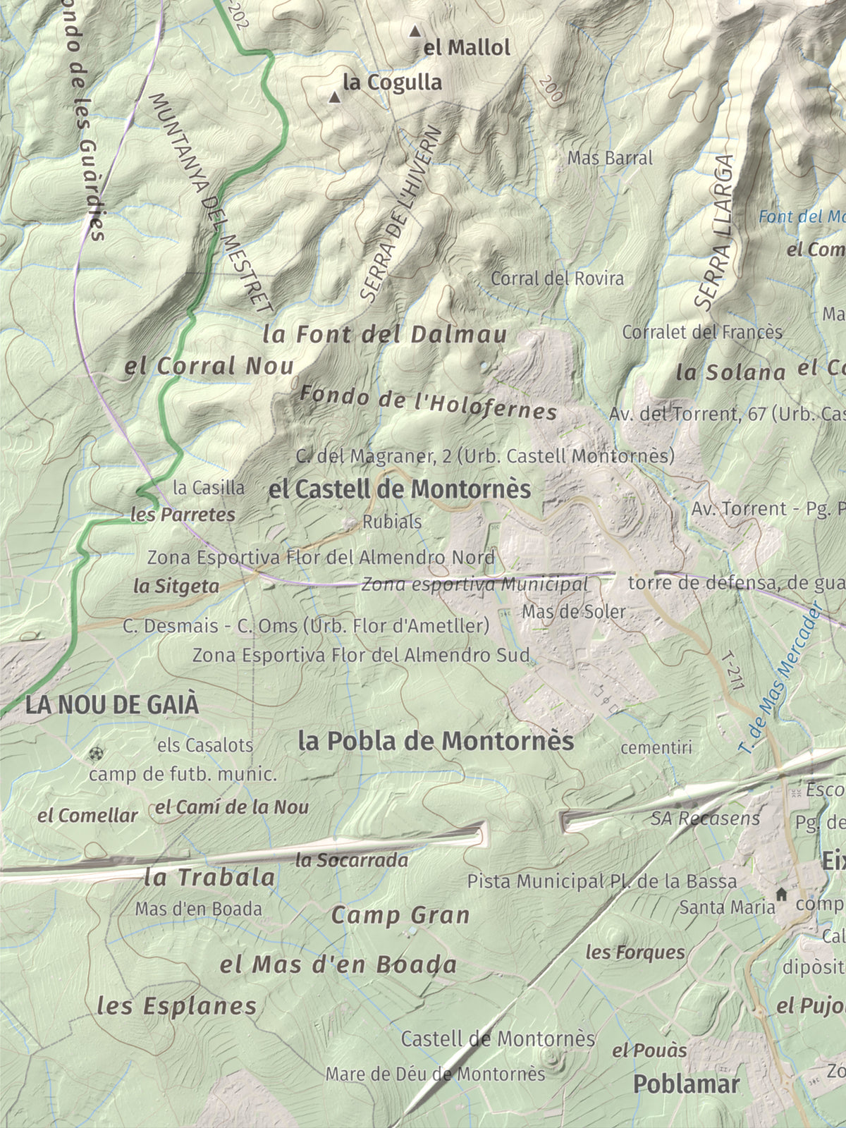 Mapa de relieve de La Mola, 317 m, Baix Penedès · Tarragonès, lámina 100 Cims de Trobart. Detalle de la zona inferior izquierda. 30 × 40 cm.