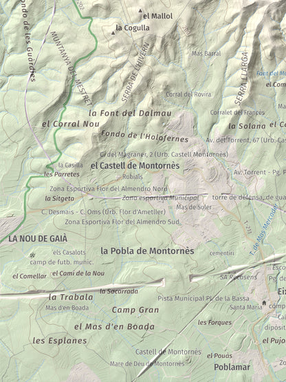 Mapa de relieve de La Mola, 317 m, Baix Penedès · Tarragonès, lámina 100 Cims de Trobart. Detalle de la zona inferior izquierda. 30 × 40 cm.