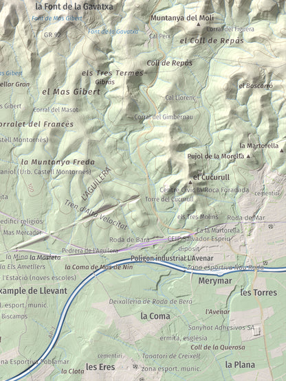 Mapa de relieve de La Mola, 317 m, Baix Penedès · Tarragonès, lámina 100 Cims de Trobart. Detalle de la zona inferior derecha. 30 × 40 cm.
