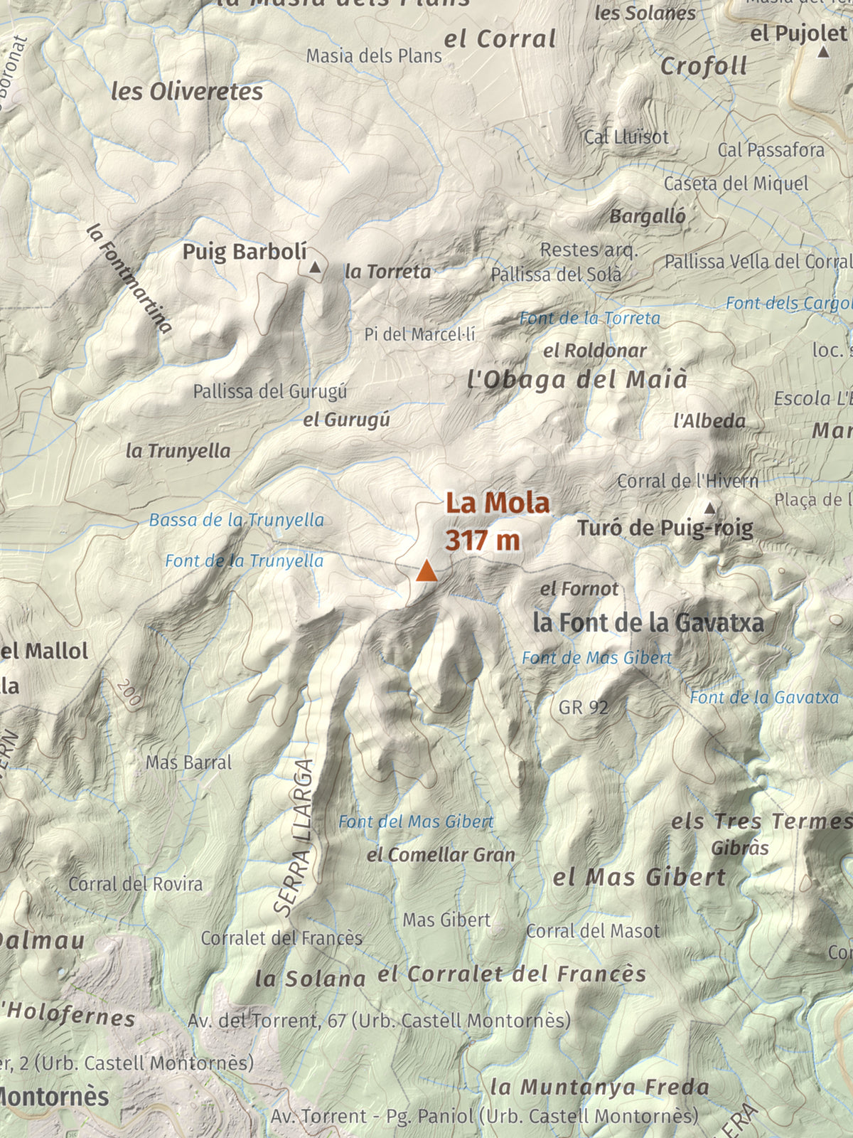 Mapa de relieve de La Mola, 317 m, Baix Penedès · Tarragonès, lámina 100 Cims de Trobart. Detalle de la zona central. 30 × 40 cm.