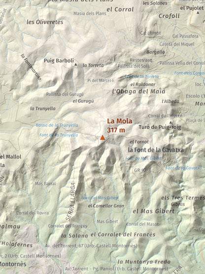 Mapa de relieve de La Mola, 317 m, Baix Penedès · Tarragonès, lámina 100 Cims de Trobart. Detalle de la zona central. 30 × 40 cm.