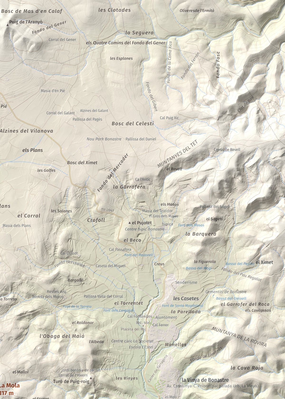 Mapa de relieve de La Mola, 317 m, Baix Penedès · Tarragonès, lámina 100 Cims de Trobart. Detalle de la zona superior derecha. 50 × 70 cm.