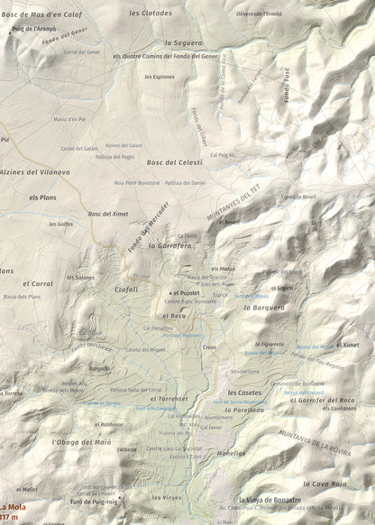Mapa de relieve de La Mola, 317 m, Baix Penedès · Tarragonès, lámina 100 Cims de Trobart. Detalle de la zona superior derecha. 50 × 70 cm.