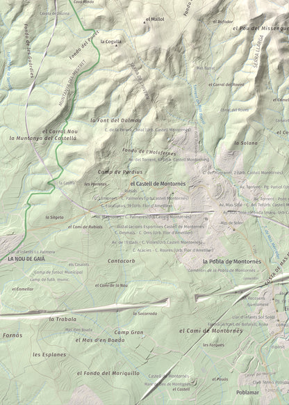 Mapa de relieve de La Mola, 317 m, Baix Penedès · Tarragonès, lámina 100 Cims de Trobart. Detalle de la zona inferior izquierda. 50 × 70 cm.