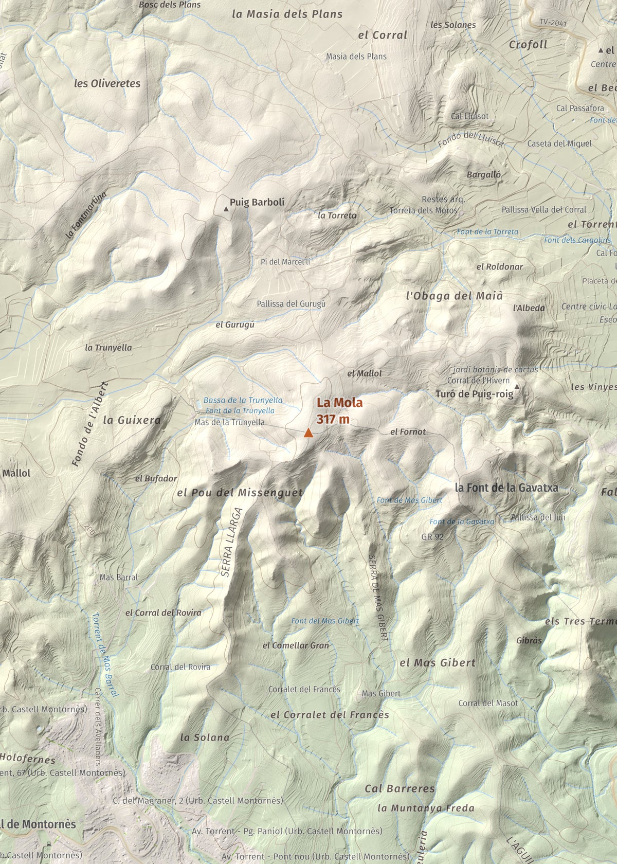 Mapa de relieve de La Mola, 317 m, Baix Penedès · Tarragonès, lámina 100 Cims de Trobart. Detalle de la zona central. 50 × 70 cm.