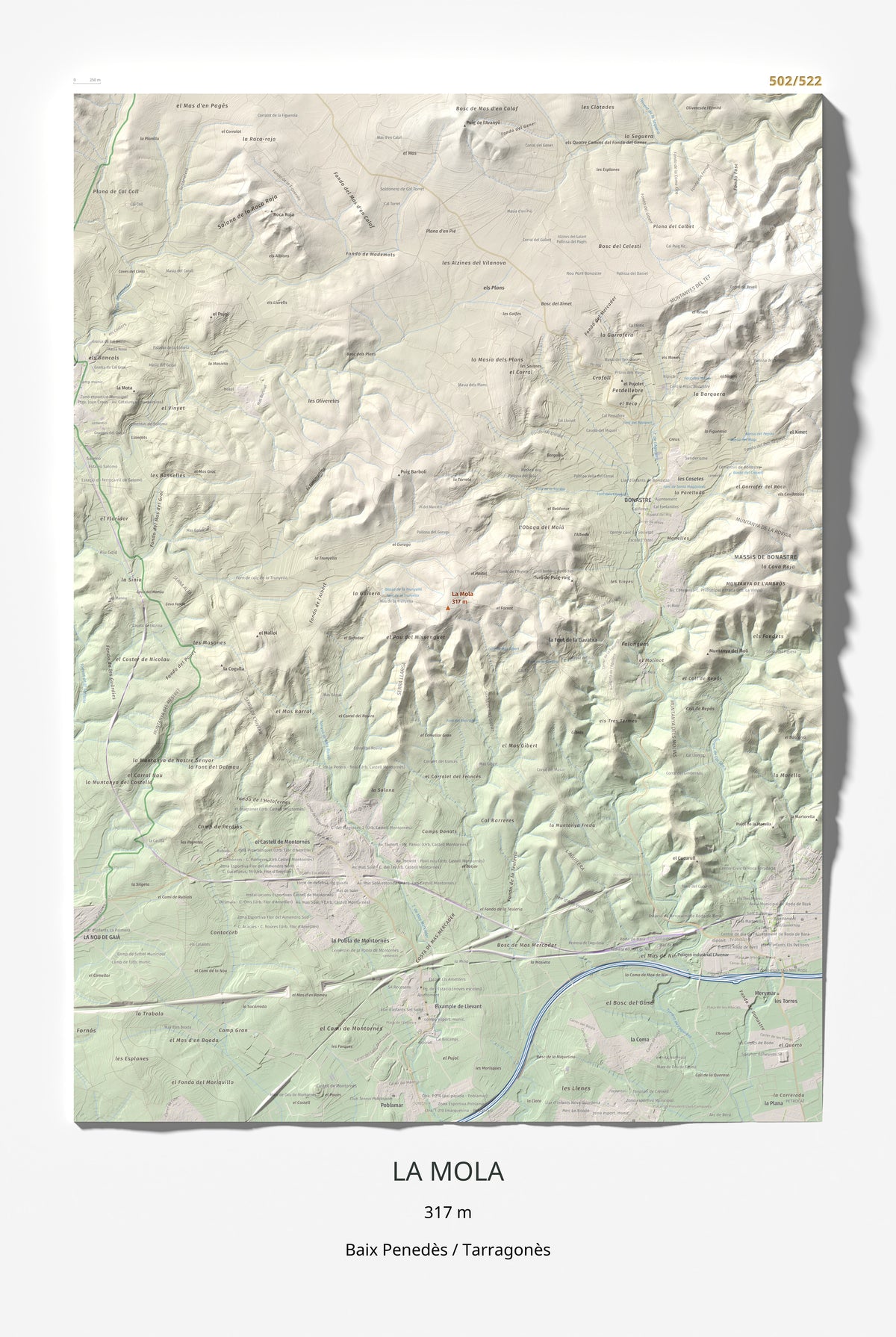 Mapa de relieve de La Mola, 317 m, Baix Penedès · Tarragonès, lámina 100 Cims de Trobart 61 × 91 cm.