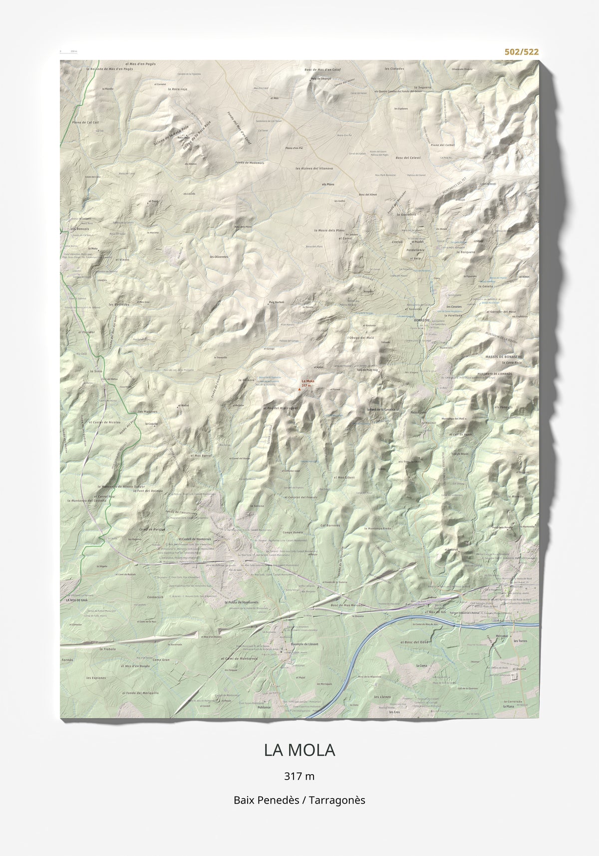 Mapa de relieve de La Mola, 317 m, Baix Penedès · Tarragonès, lámina 100 Cims de Trobart 70 × 100 cm.