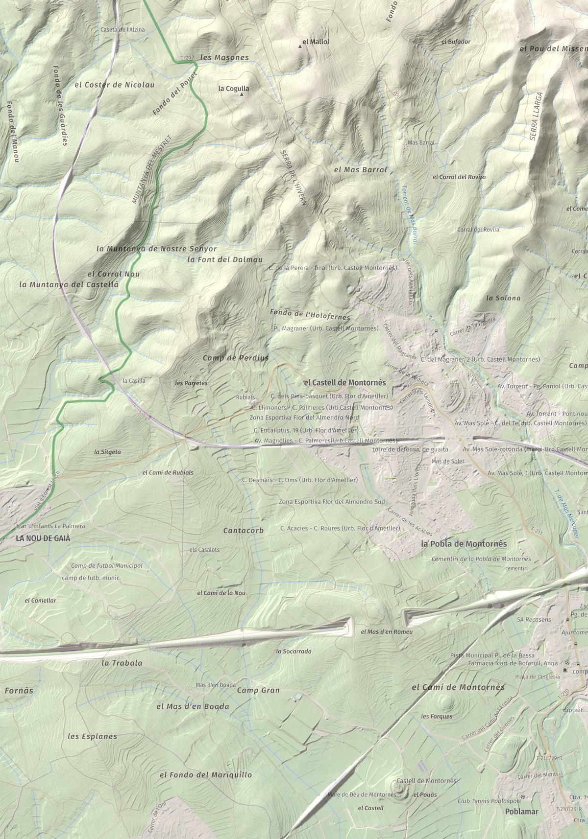 Mapa de relieve de La Mola, 317 m, Baix Penedès · Tarragonès, lámina 100 Cims de Trobart. Detalle de la zona inferior izquierda. 70 × 100 cm.