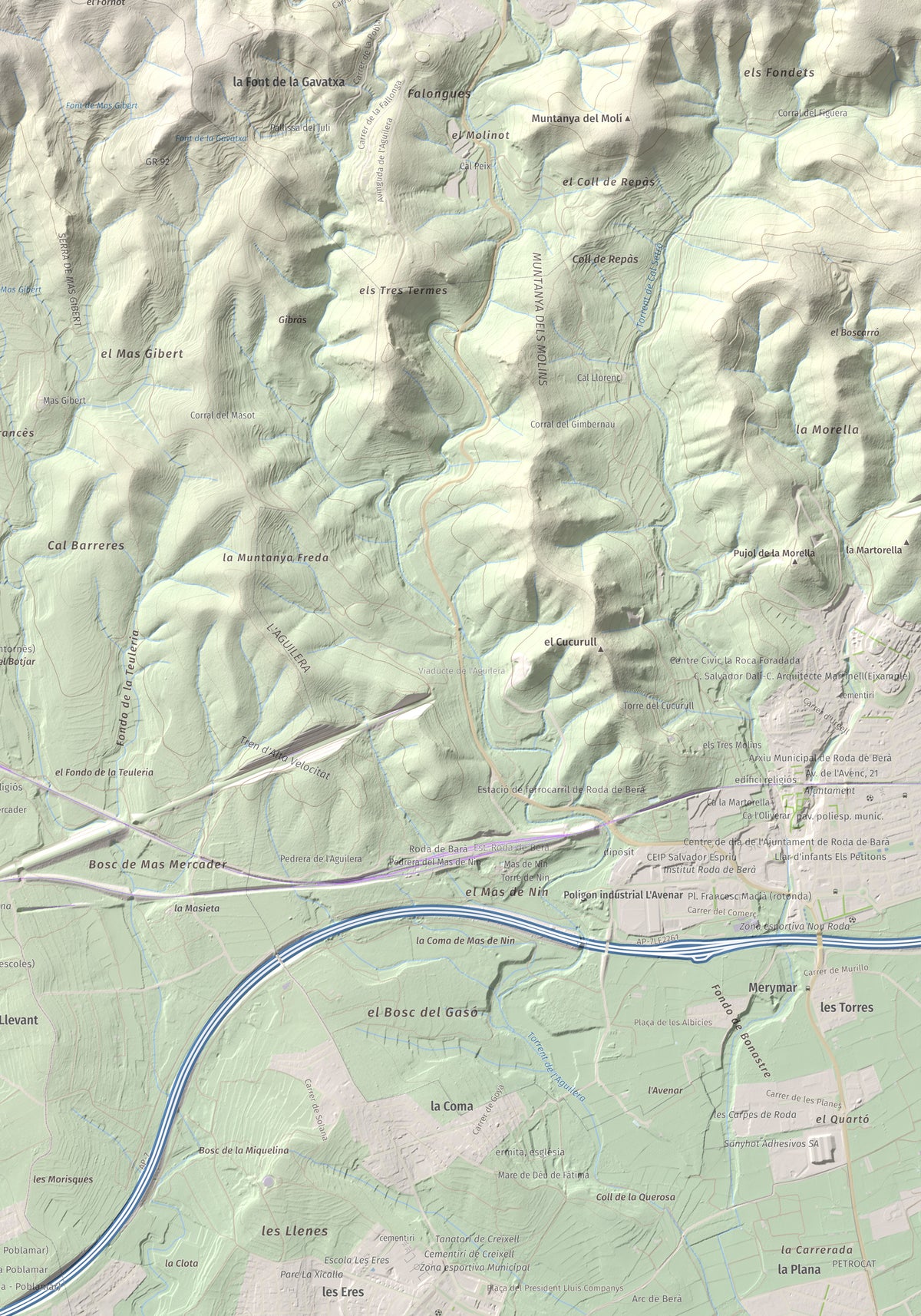 Mapa de relieve de La Mola, 317 m, Baix Penedès · Tarragonès, lámina 100 Cims de Trobart. Detalle de la zona inferior derecha. 70 × 100 cm.
