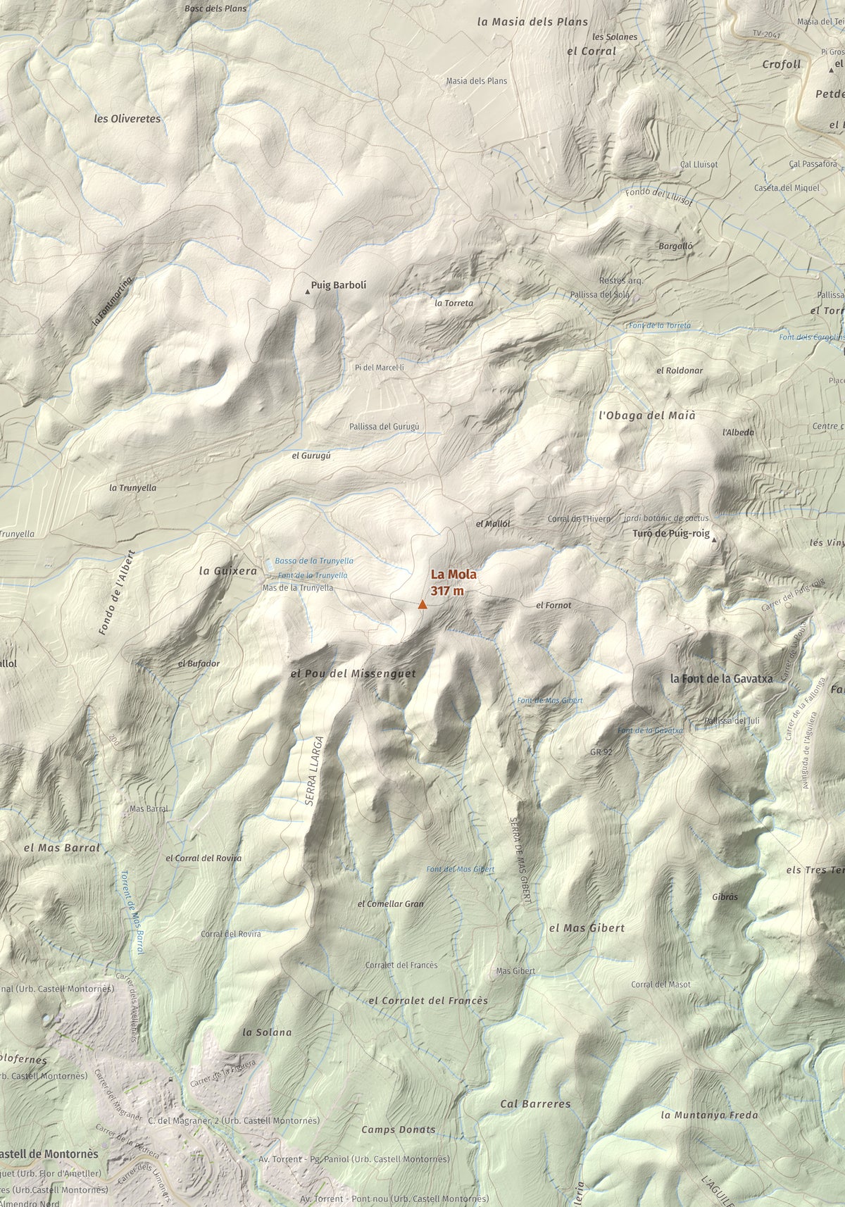 Mapa de relieve de La Mola, 317 m, Baix Penedès · Tarragonès, lámina 100 Cims de Trobart. Detalle de la zona central. 70 × 100 cm.