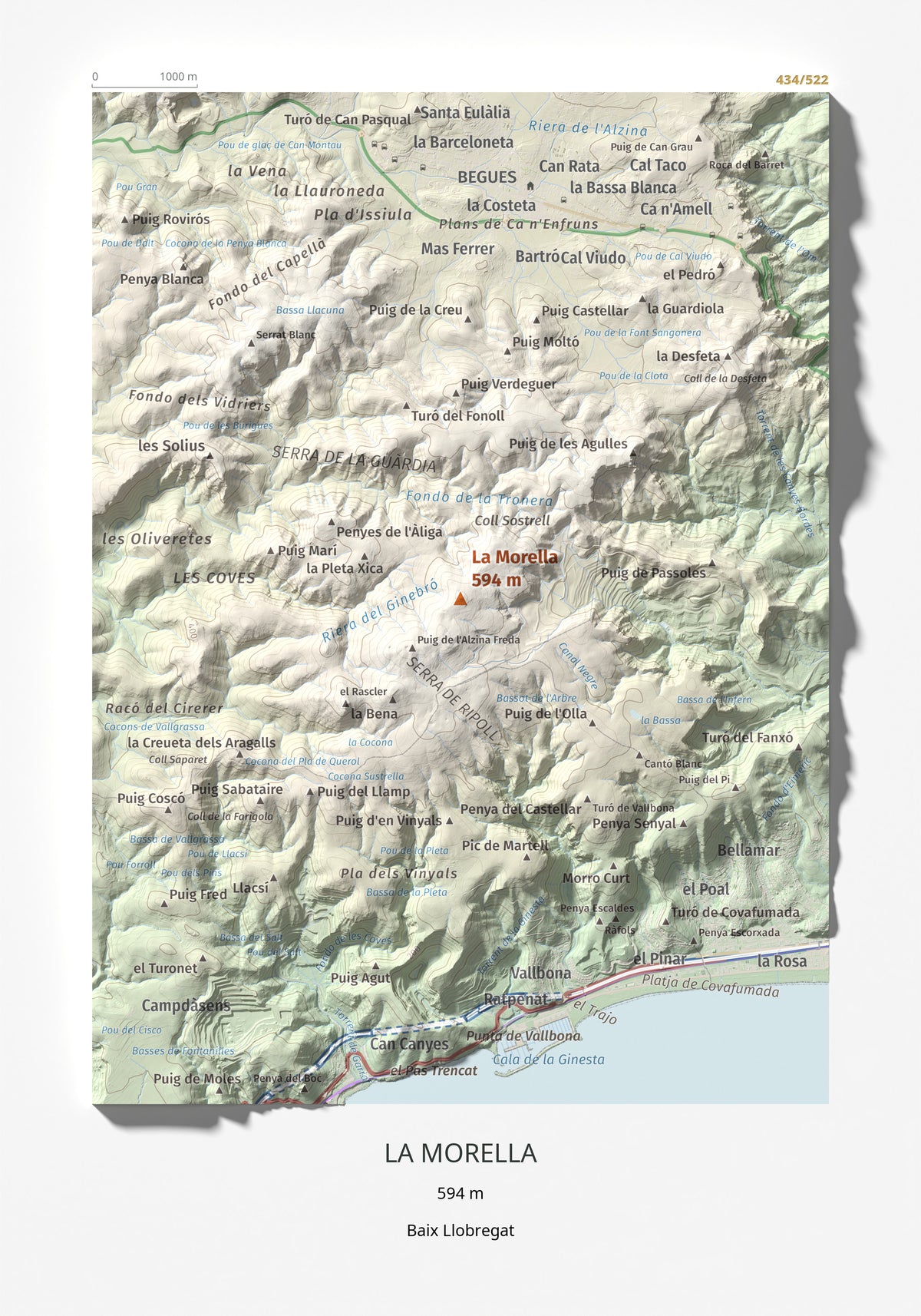 Mapa topogràfic del relleu: La Morella, 594 m. Làmina completa. 21 × 30 cm.