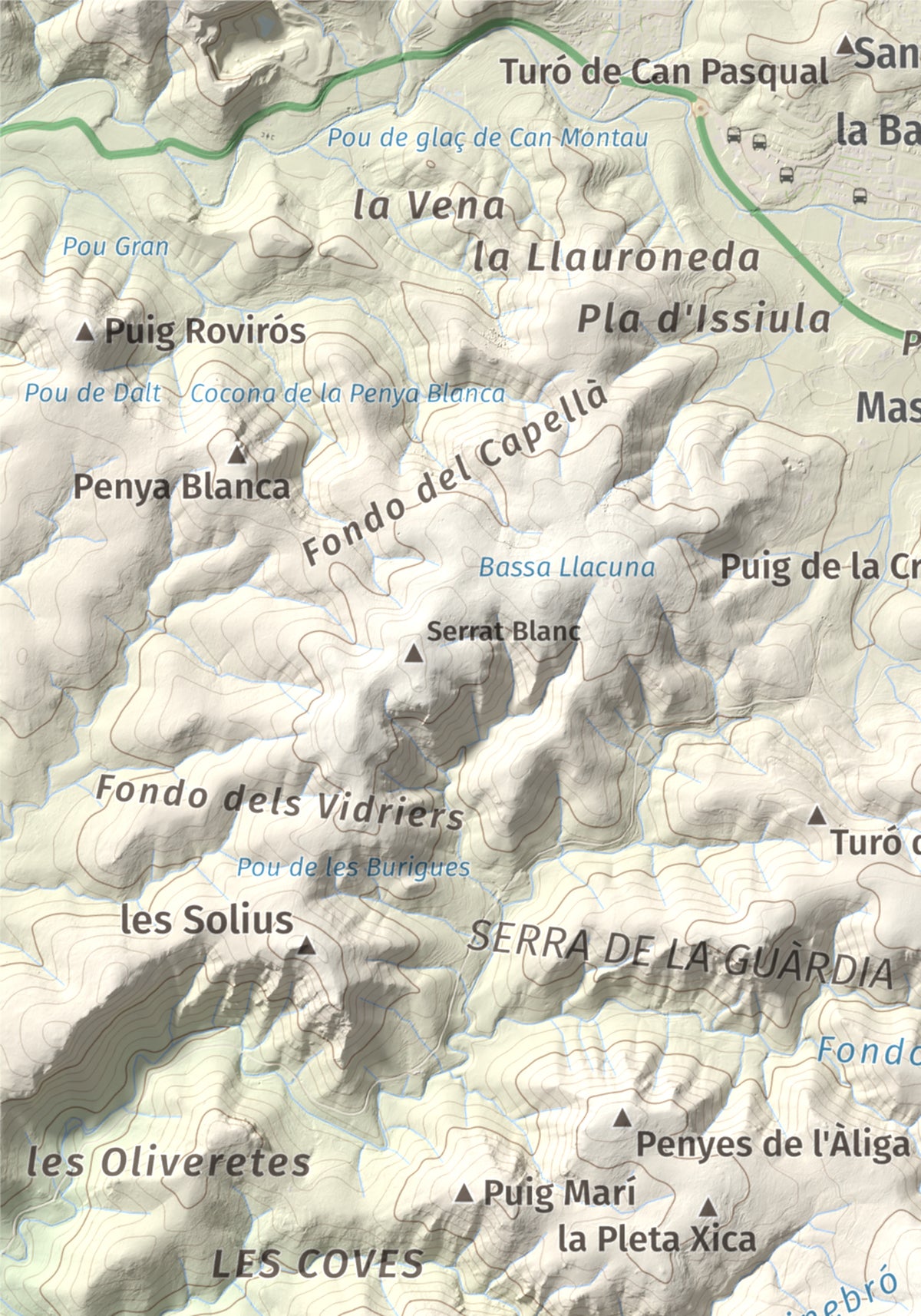 Mapa topogràfic del relleu: La Morella, 594 m. Detall de la zona superior esquerra. 21 × 30 cm.