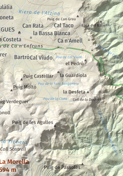 Mapa topogràfic del relleu: La Morella, 594 m. Detall de la zona superior dreta. 21 × 30 cm.